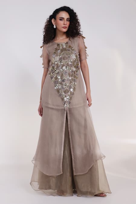 Smriti By Anju Agarwal Auric Geometric Embroidered Kaftan Palazzo Set