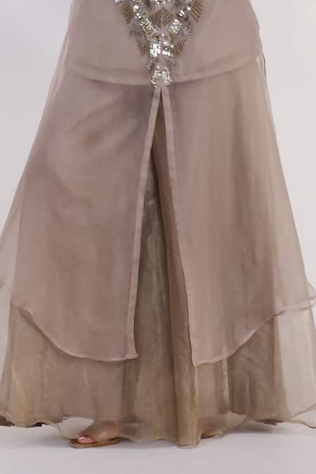 Shop_Smriti By Anju Agarwal_Grey Tissue, Organza Embroidery, Tassels Auric Geometric Kaftan Palazzo Set _Online_at_Aza_Fashions