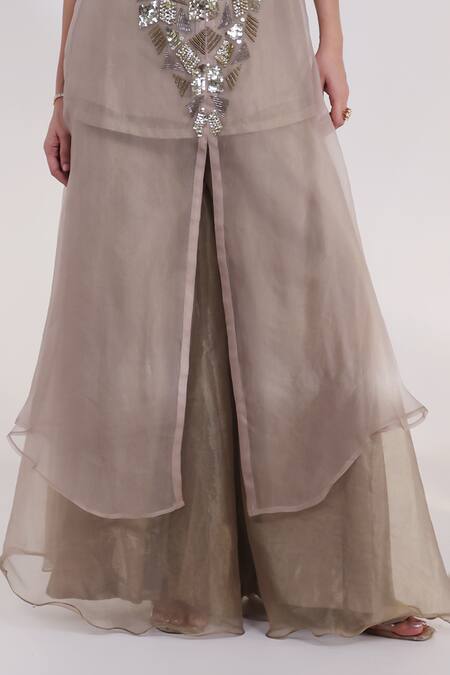Smriti By Anju Agarwal_Grey Tissue, Organza Embroidery, Tassels Auric Geometric Kaftan Palazzo Set _at_Aza_Fashions
