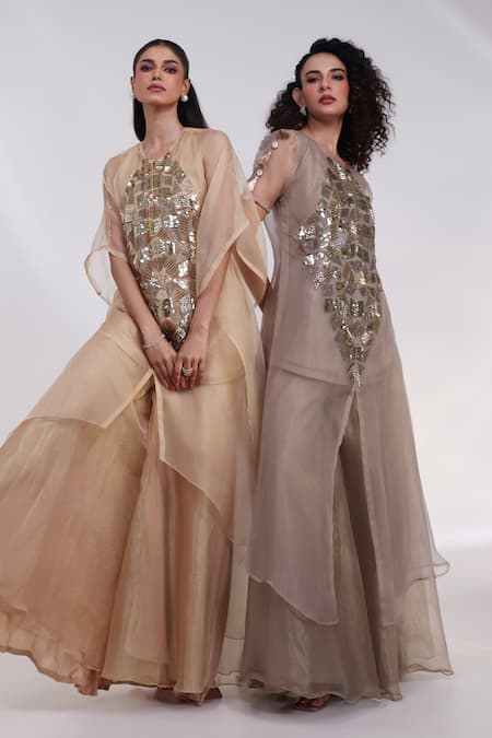 Buy_Smriti By Anju Agarwal_Grey Tissue, Organza Embroidery, Tassels Auric Geometric Kaftan Palazzo Set 