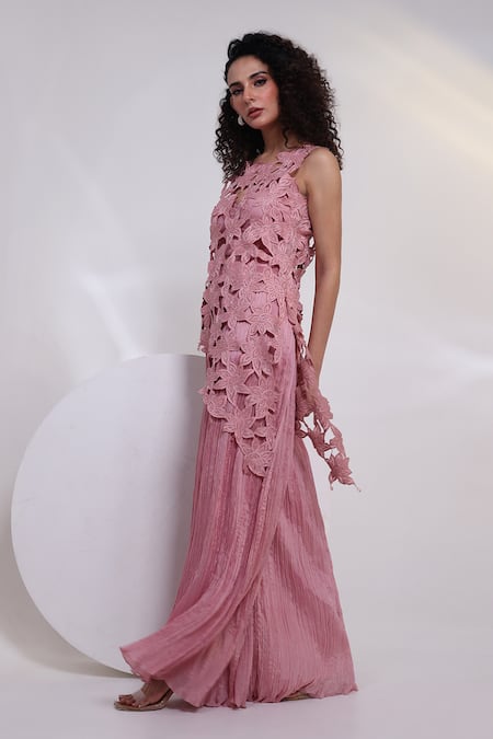 Smriti By Anju Agarwal Pink Organza, Chinon Cut Work, Beads Round Bloom Drift Floral Overlay And Pant Set Online at Aza Fashions Smriti By Anju Agarwal_Pink Organza, Chinon Cut Work, Beads Round Bloom Drift Floral Overlay And Pant Set _Online_at_Aza_Fashions