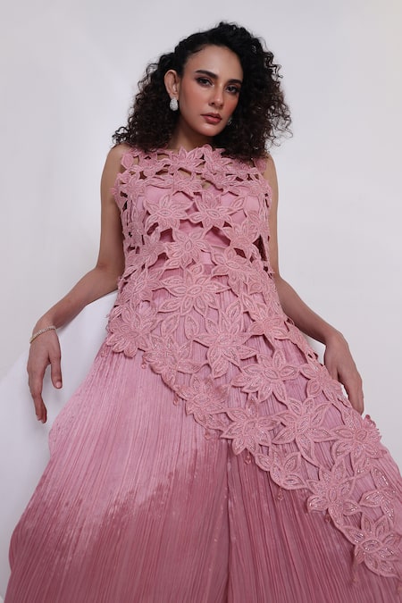 Shop Smriti By Anju Agarwal Pink Organza, Chinon Cut Work, Beads Round Bloom Drift Floral Overlay And Pant Set Online at Aza Fashions Shop_Smriti By Anju Agarwal_Pink Organza, Chinon Cut Work, Beads Round Bloom Drift Floral Overlay And Pant Set _Online_at_Aza_Fashions