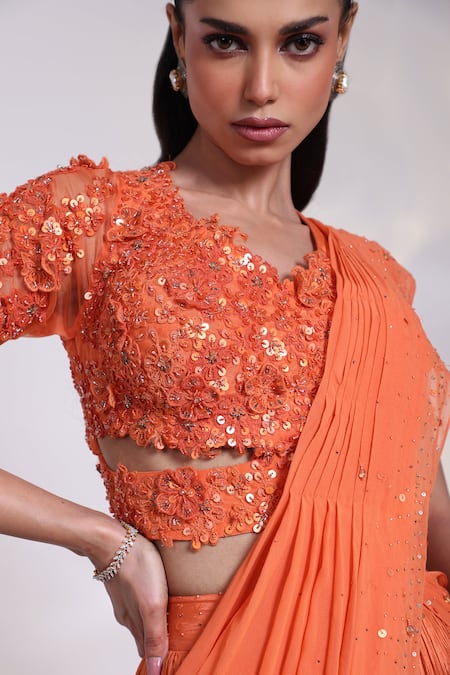 Buy Smriti By Anju Agarwal Orange Crepe, Georgette, Chinon Trilateral Pre-draped Lehenga Saree With Blouse Online at Aza Fashions Buy_Smriti By Anju Agarwal_Orange Crepe, Georgette, Chinon Trilateral Pre-draped Lehenga Saree With Blouse _Online_at_Aza_Fashions