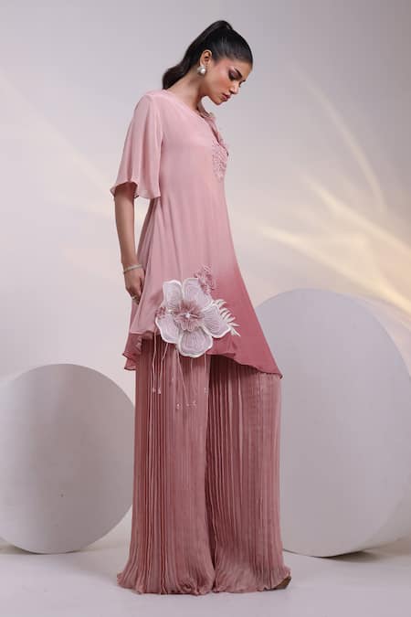 Smriti By Anju Agarwal_Pink Chinon Applique, Beads, Sequins Round Bold Petal Tunic And Flared Pant Set _Online_at_Aza_Fashions