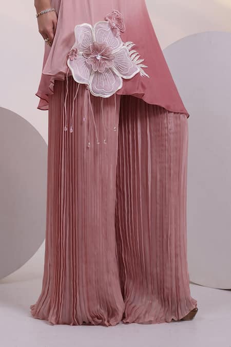 Buy_Smriti By Anju Agarwal_Pink Chinon Applique, Beads, Sequins Round Bold Petal Tunic And Flared Pant Set _Online_at_Aza_Fashions