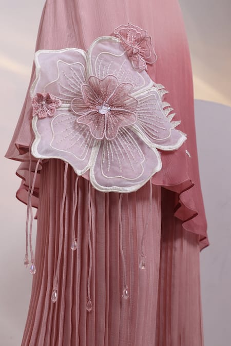 Shop_Smriti By Anju Agarwal_Pink Chinon Applique, Beads, Sequins Round Bold Petal Tunic And Flared Pant Set _Online_at_Aza_Fashions