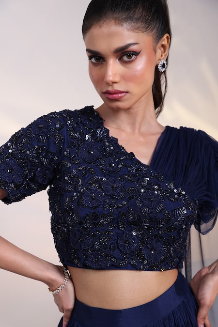 Buy_Smriti By Anju Agarwal_Navy Organza, Crepe, Chinon Sequins, Eclipse Draped Blouse And Skirt Set _Online_at_Aza_Fashions