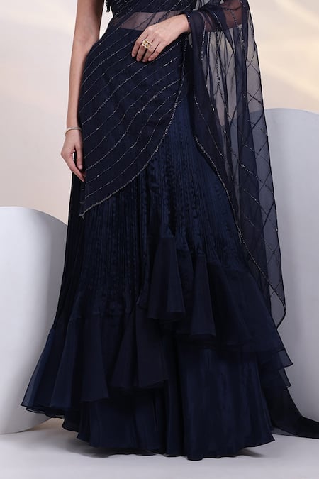 Buy_Smriti By Anju Agarwal_Navy Organza, Chinon, Modal, Satin Starfall Ruffle Pre-draped Saree With Blouse _Online_at_Aza_Fashions