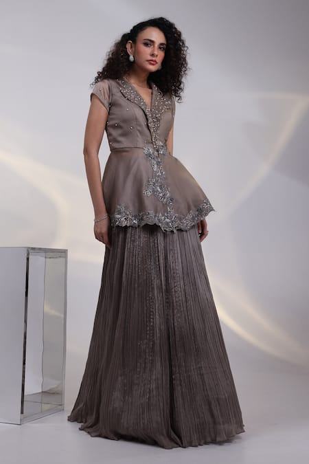 Smriti By Anju Agarwal_Grey Organza, Taffeta, Chinon Celeste Grace Peplum Jacket And Pleated Skirt Set _Online_at_Aza_Fashions