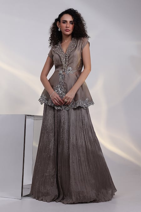 Smriti By Anju Agarwal Celeste Grace Peplum Jacket & Pleated Skirt Set