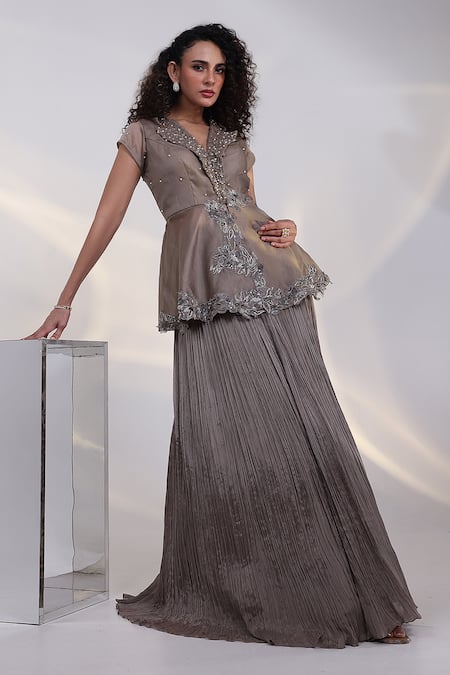 Buy_Smriti By Anju Agarwal_Grey Organza, Taffeta, Chinon Celeste Grace Peplum Jacket And Pleated Skirt Set _Online_at_Aza_Fashions