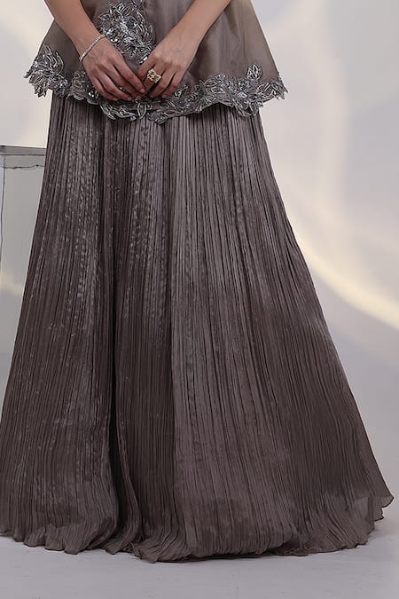 Shop_Smriti By Anju Agarwal_Grey Organza, Taffeta, Chinon Celeste Grace Peplum Jacket And Pleated Skirt Set _Online_at_Aza_Fashions
