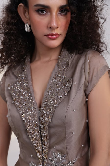 Smriti By Anju Agarwal_Grey Organza, Taffeta, Chinon Celeste Grace Peplum Jacket And Pleated Skirt Set _at_Aza_Fashions