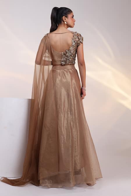 Smriti By Anju Agarwal Dusky Floral Blouse & Pre-Draped Lehenga Saree Set 