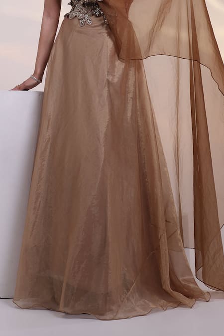 Buy_Smriti By Anju Agarwal_Gold Tissue, Organza Dusky Floral Blouse And Pre-draped Lehenga Saree Set _Online_at_Aza_Fashions