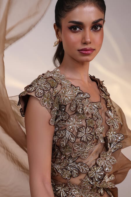 Shop_Smriti By Anju Agarwal_Gold Tissue, Organza Dusky Floral Blouse And Pre-draped Lehenga Saree Set _Online_at_Aza_Fashions