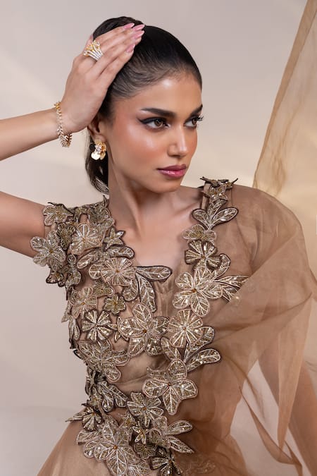 Smriti By Anju Agarwal_Gold Tissue, Organza Dusky Floral Blouse And Pre-draped Lehenga Saree Set _at_Aza_Fashions