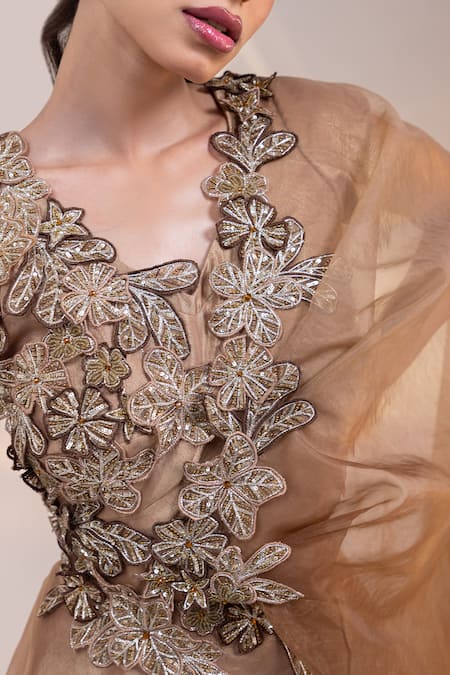 Buy_Smriti By Anju Agarwal_Gold Tissue, Organza Dusky Floral Blouse And Pre-draped Lehenga Saree Set 