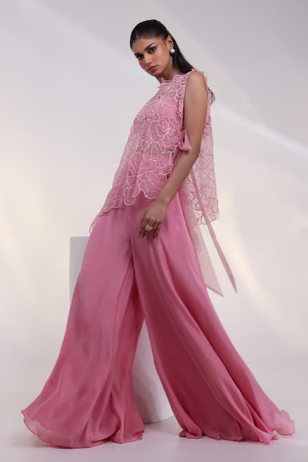 Smriti By Anju Agarwal Pink Crepe, Chinon Sweetheart Neck, Petal Whisper Floral Cape And Sharara Set Online at Aza Fashions Smriti By Anju Agarwal_Pink Crepe, Chinon Sweetheart Neck, Petal Whisper Floral Cape And Sharara Set _Online_at_Aza_Fashions