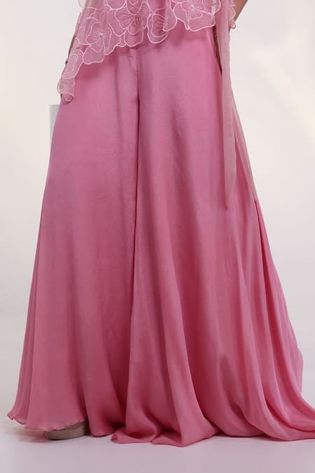 Buy Smriti By Anju Agarwal Pink Crepe, Chinon Sweetheart Neck, Petal Whisper Floral Cape And Sharara Set Buy_Smriti By Anju Agarwal_Pink Crepe, Chinon Sweetheart Neck, Petal Whisper Floral Cape And Sharara Set