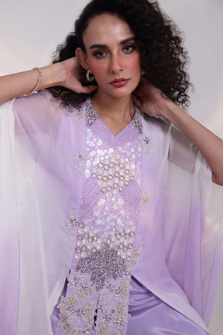 Smriti By Anju Agarwal_Lavender Georgette, Crepe Sequins, Beads, Palm Springs Shaded Kaftan Palazzo Set _Online_at_Aza_Fashions