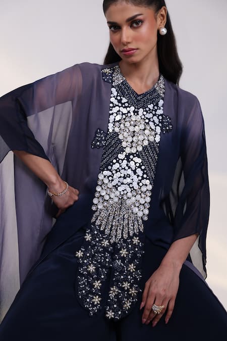 Smriti By Anju Agarwal_Blue Georgette, Crepe Sequins, Beads Palm Springs Shaded Kaftan Palazzo Set _Online_at_Aza_Fashions