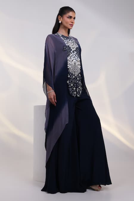 Buy_Smriti By Anju Agarwal_Blue Georgette, Crepe Sequins, Beads Palm Springs Shaded Kaftan Palazzo Set _Online_at_Aza_Fashions