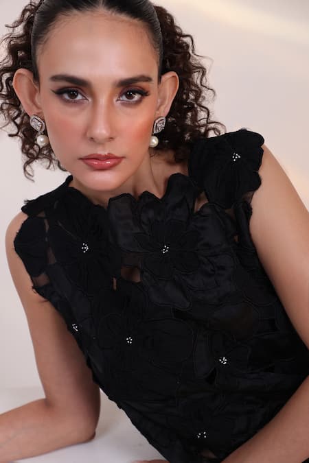 Smriti By Anju Agarwal Black Crepe, Chinon Fabric Flowers, Pearls, Beads Blackonaze Cape And Pant Set Online at Aza Fashions Smriti By Anju Agarwal_Black Crepe, Chinon Fabric Flowers, Pearls, Beads Blackonaze Cape And Pant Set _Online_at_Aza_Fashions