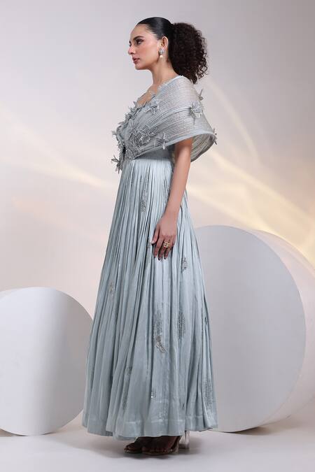 Smriti By Anju Agarwal_Grey Modal, Satin, Organza Crystals, Beads, Sequins, Embroidery Petal Gown _Online_at_Aza_Fashions