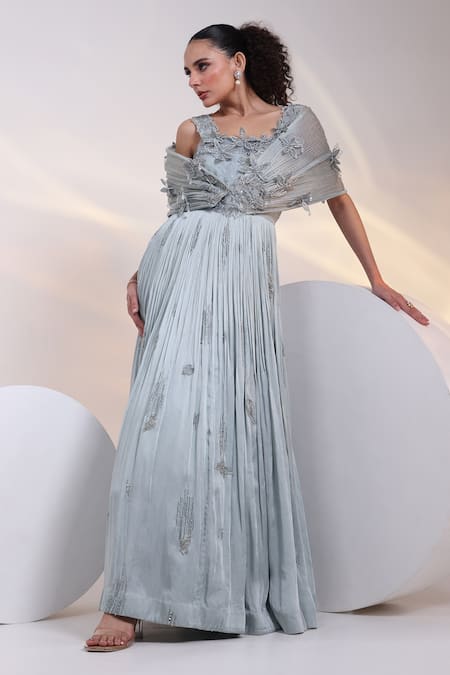 Buy_Smriti By Anju Agarwal_Grey Modal, Satin, Organza Crystals, Beads, Sequins, Embroidery Petal Gown 
