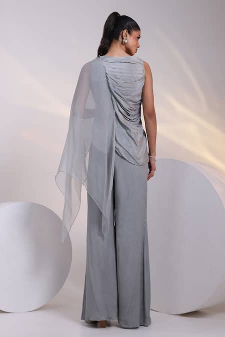 Smriti By Anju Agarwal Nimbis Floral Applique Pleated Top & Pant Set 