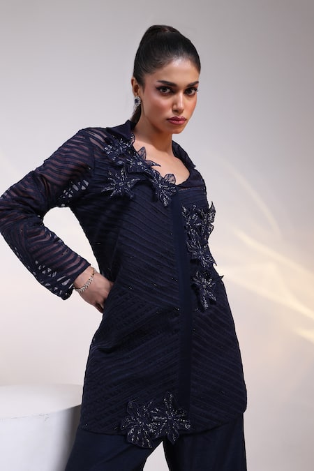 Smriti By Anju Agarwal_Navy Organza, Silk Embroidery, Beads Midnight Mesh Embellished Shirt And Pant Set _Online_at_Aza_Fashions