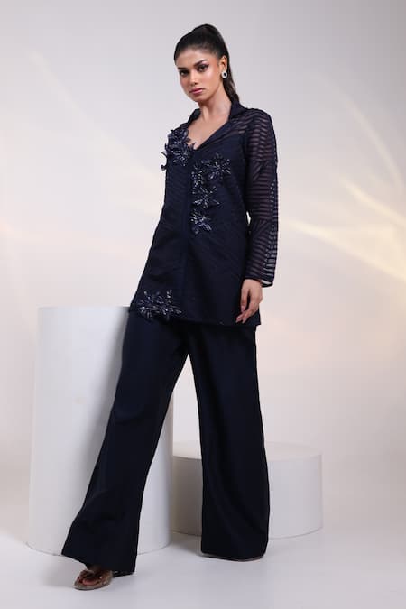 Smriti By Anju Agarwal_Navy Organza, Silk Embroidery, Beads Midnight Mesh Embellished Shirt And Pant Set _at_Aza_Fashions