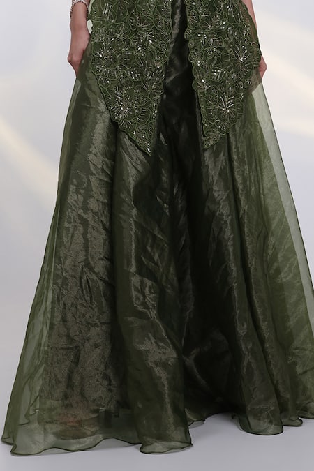 Smriti By Anju Agarwal_Green Crepe, Tissue V-, Open Olive Luxe Embroidered Cape Sharara Set _Online_at_Aza_Fashions