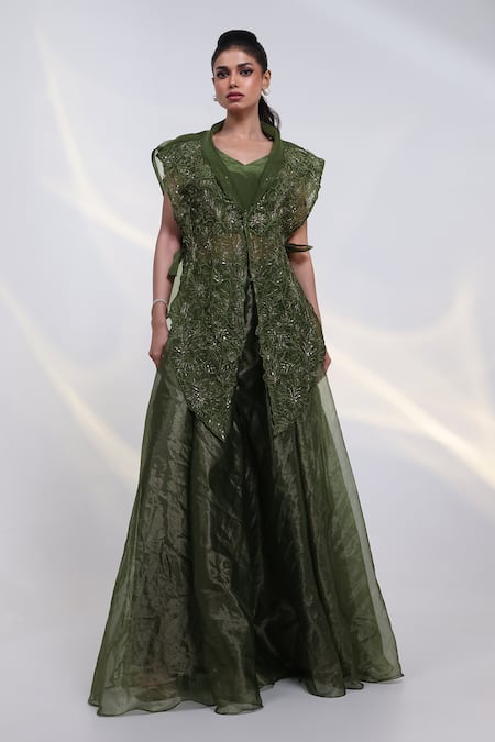 Smriti By Anju Agarwal Olive Luxe Embroidered Cape Sharara Set 