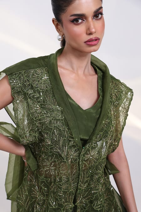 Shop_Smriti By Anju Agarwal_Green Crepe, Tissue V-, Open Olive Luxe Embroidered Cape Sharara Set _Online_at_Aza_Fashions