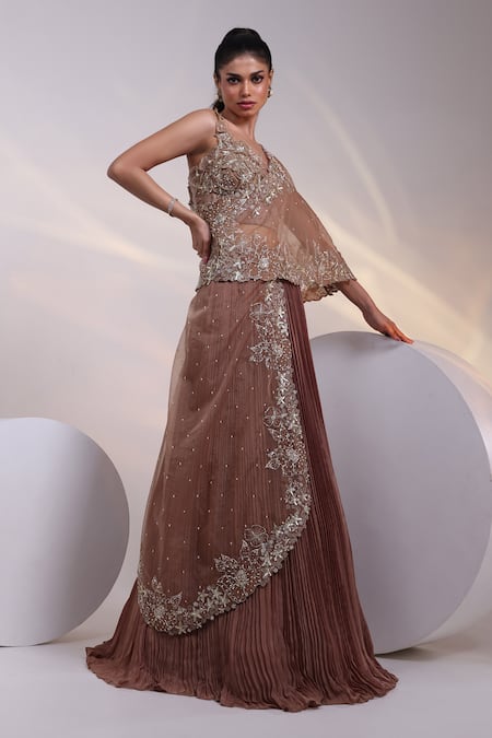Smriti By Anju Agarwal_Brown Crepe, Chinon Beads, Embroidery Lumpi Floral Cape And Layered Skirt Set _Online_at_Aza_Fashions