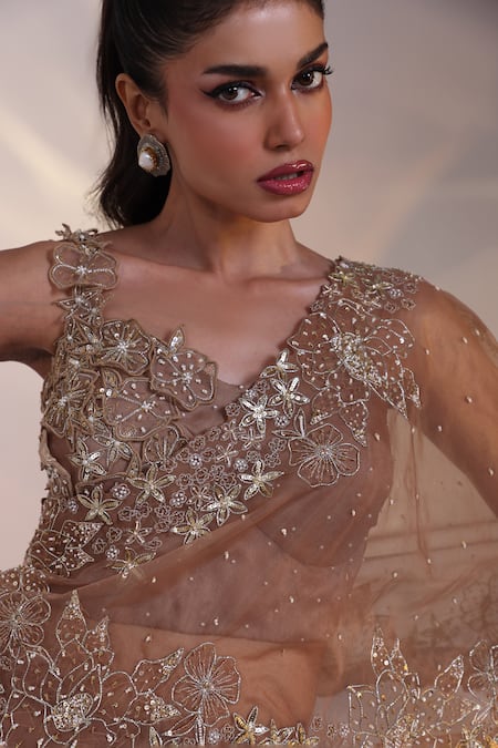 Shop_Smriti By Anju Agarwal_Brown Crepe, Chinon Beads, Embroidery Lumpi Floral Cape And Layered Skirt Set _Online_at_Aza_Fashions