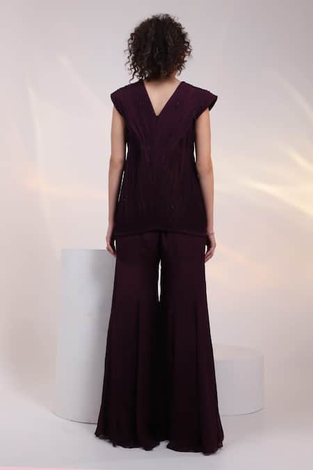 Smriti By Anju Agarwal Merlot Pleated Jacket Pant Co-ord Set 