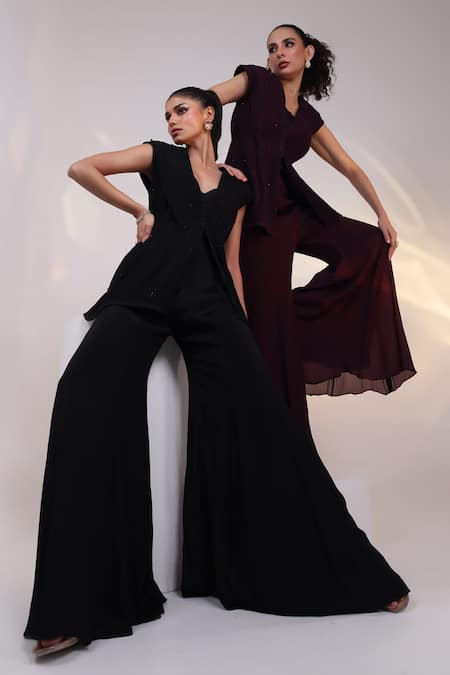 Smriti By Anju Agarwal Black Chinon, Silk Beads, Crystals V-neck Merlot Pleated Jacket Pant Co-ord Set Online at Aza Fashions Smriti By Anju Agarwal_Black Chinon, Silk Beads, Crystals V-neck Merlot Pleated Jacket Pant Co-ord Set _Online_at_Aza_Fashions