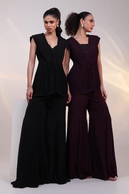 Shop Smriti By Anju Agarwal Black Chinon, Silk Beads, Crystals V-neck Merlot Pleated Jacket Pant Co-ord Set Online at Aza Fashions Shop_Smriti By Anju Agarwal_Black Chinon, Silk Beads, Crystals V-neck Merlot Pleated Jacket Pant Co-ord Set _Online_at_Aza_Fashions