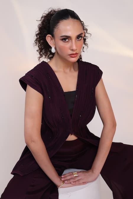 Smriti By Anju Agarwal Black Chinon, Silk Beads, Crystals V-neck Merlot Pleated Jacket Pant Co-ord Set at Aza Fashions Smriti By Anju Agarwal_Black Chinon, Silk Beads, Crystals V-neck Merlot Pleated Jacket Pant Co-ord Set _at_Aza_Fashions