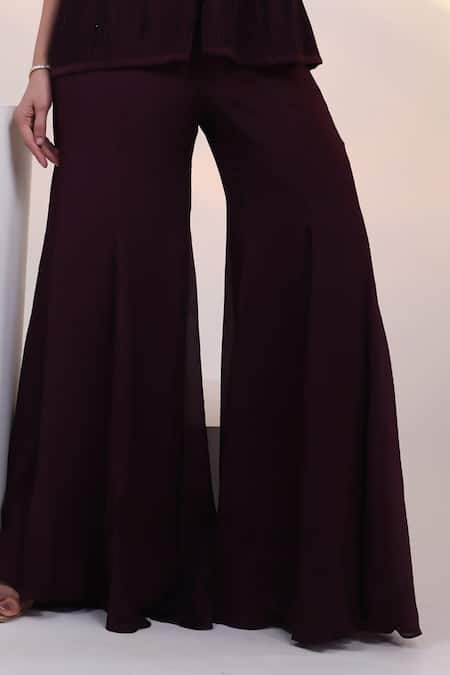 Buy Smriti By Anju Agarwal Black Chinon, Silk Beads, Crystals V-neck Merlot Pleated Jacket Pant Co-ord Set Buy_Smriti By Anju Agarwal_Black Chinon, Silk Beads, Crystals V-neck Merlot Pleated Jacket Pant Co-ord Set