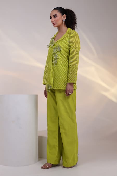 Smriti By Anju Agarwal_Green Organza, Silk Embroidery, Neon Glow Geometric Pattern Shirt And Pant Set _Online_at_Aza_Fashions