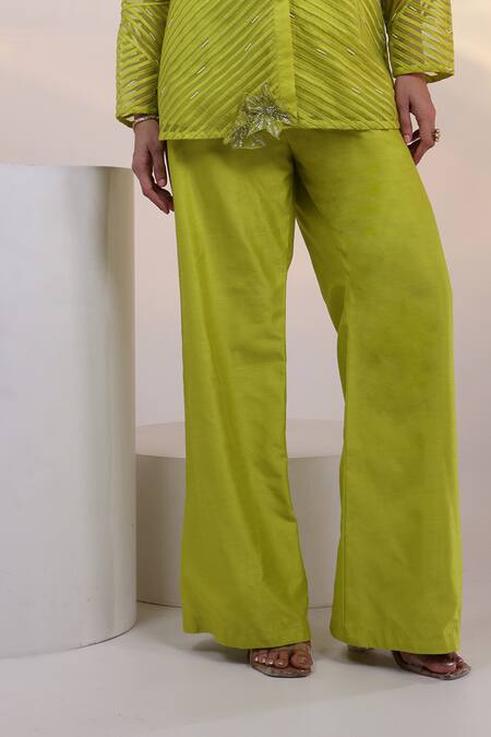 Buy_Smriti By Anju Agarwal_Green Organza, Silk Embroidery, Neon Glow Geometric Pattern Shirt And Pant Set _Online_at_Aza_Fashions