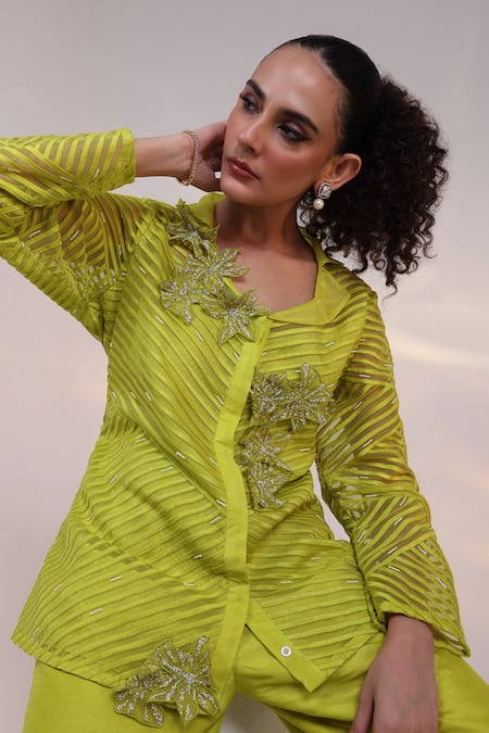 Shop_Smriti By Anju Agarwal_Green Organza, Silk Embroidery, Neon Glow Geometric Pattern Shirt And Pant Set _Online_at_Aza_Fashions