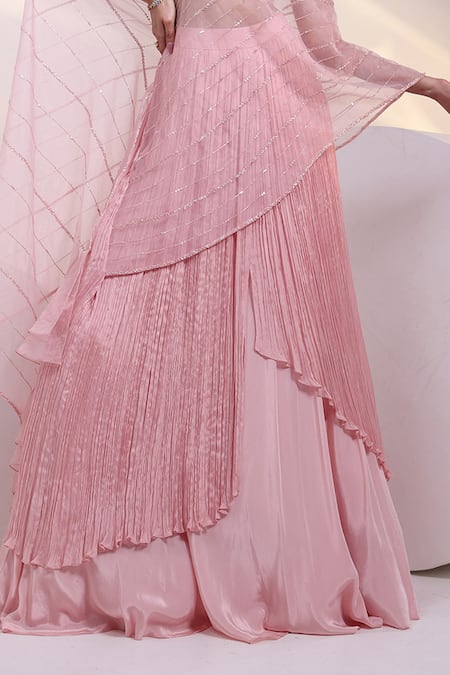 Smriti By Anju Agarwal_Pink Organza Cut Work, Blush Symphony Layered Pre-draped Lehenga Saree Set _Online_at_Aza_Fashions