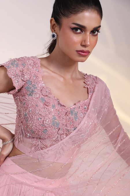 Buy_Smriti By Anju Agarwal_Pink Organza Cut Work, Blush Symphony Layered Pre-draped Lehenga Saree Set _Online_at_Aza_Fashions