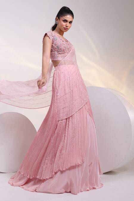Shop_Smriti By Anju Agarwal_Pink Organza Cut Work, Blush Symphony Layered Pre-draped Lehenga Saree Set _Online_at_Aza_Fashions