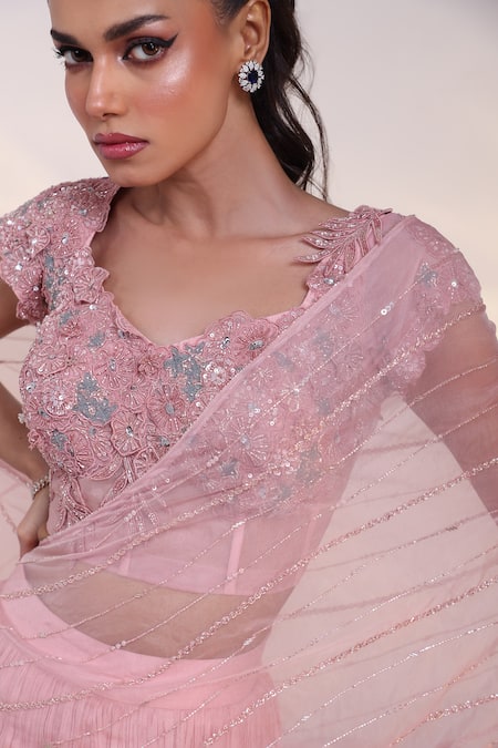 Smriti By Anju Agarwal_Pink Organza Cut Work, Blush Symphony Layered Pre-draped Lehenga Saree Set _at_Aza_Fashions